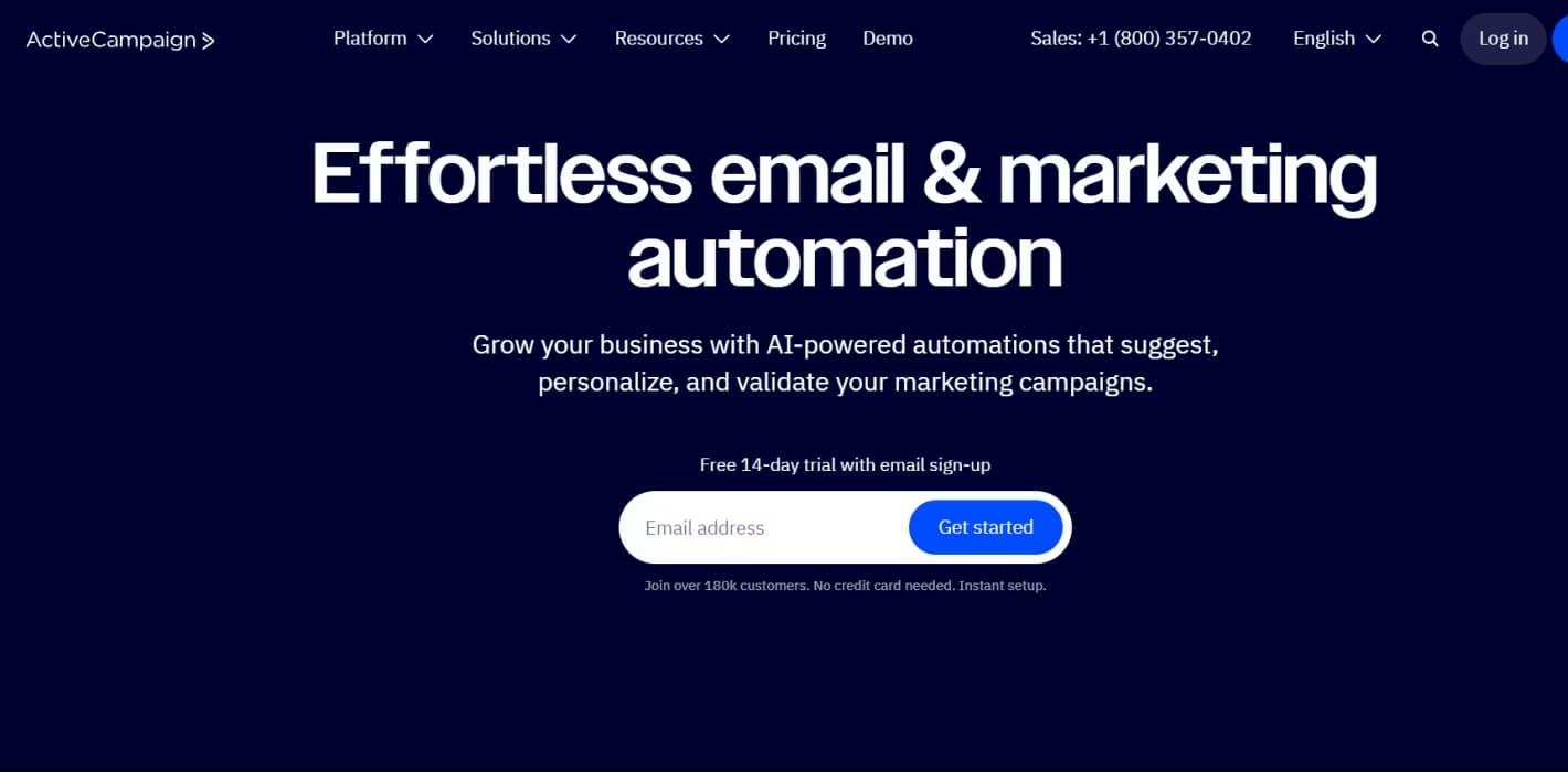 Homepage of ActiveCampaign