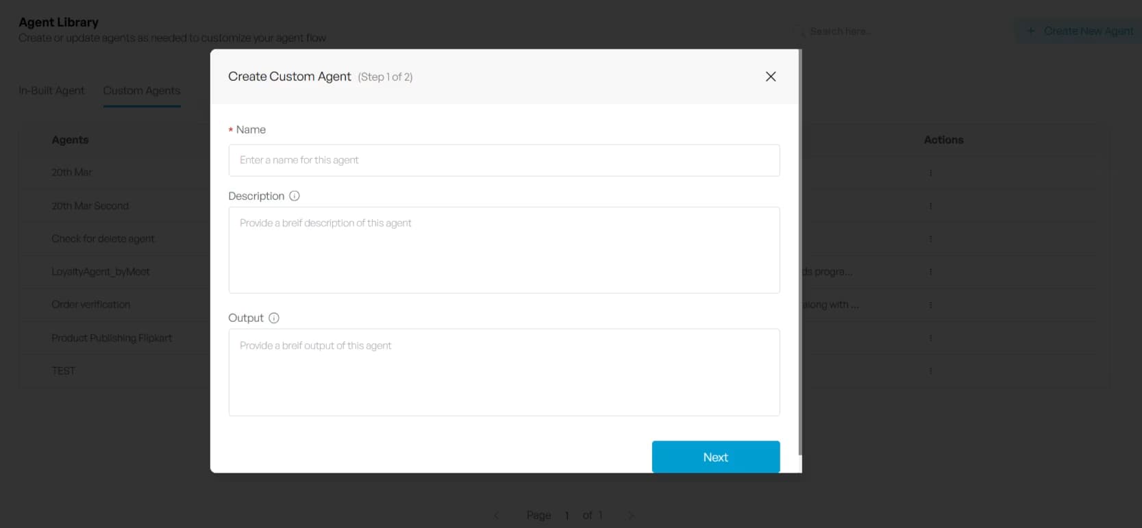 Enter the Name, Description, and Output for the AI Agents